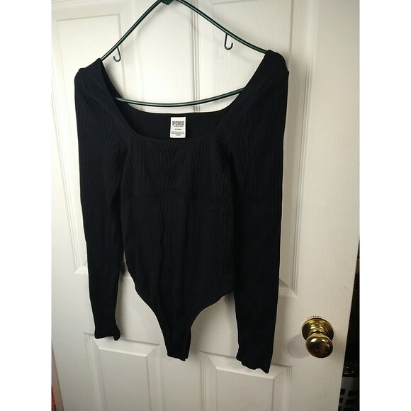 Pink Victoria Secret Woman M Black Long Sleeve Bodysuit Square Neck Ribbed - Picture 2 of 8